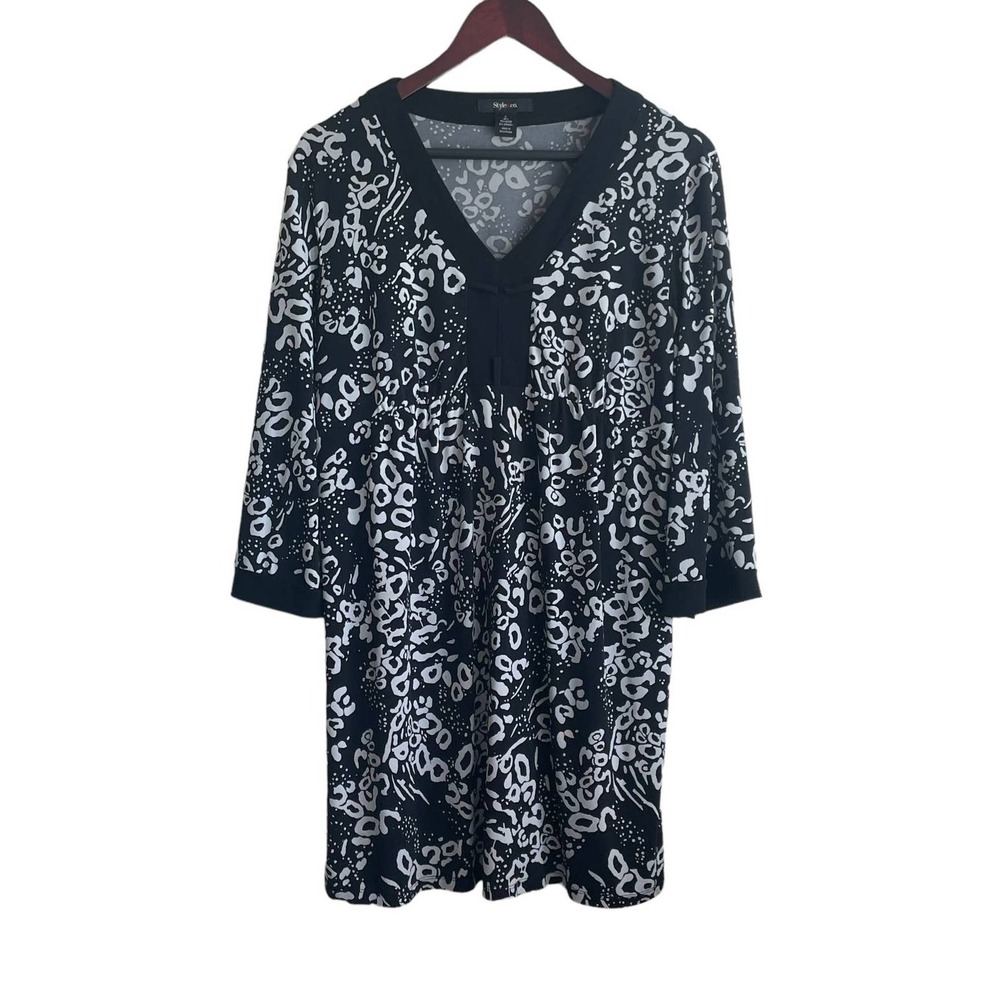 Style Co Women High Waist Shift Dress L Black White Floral Flare Sleeve Boho
